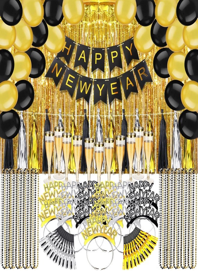 Silipull 188 Pcs 2026 New Years Eve Party Supplies with 36 Happy New Year Headband 36 Fringed Noise Makers 36 Champagne Flutes 36 Necklaces 36 Balloon 1 Banner 4 Fringe Curtains 3 Tassel Garlands - Image 1